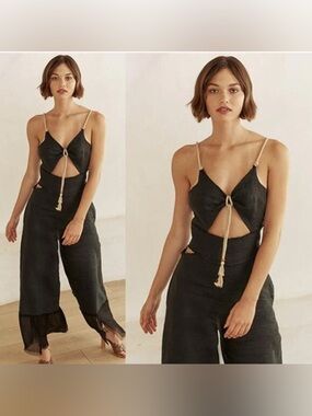 Just Bee Queen Black Linen Wide Leg Cut Out Jumpsuit Size S NWT